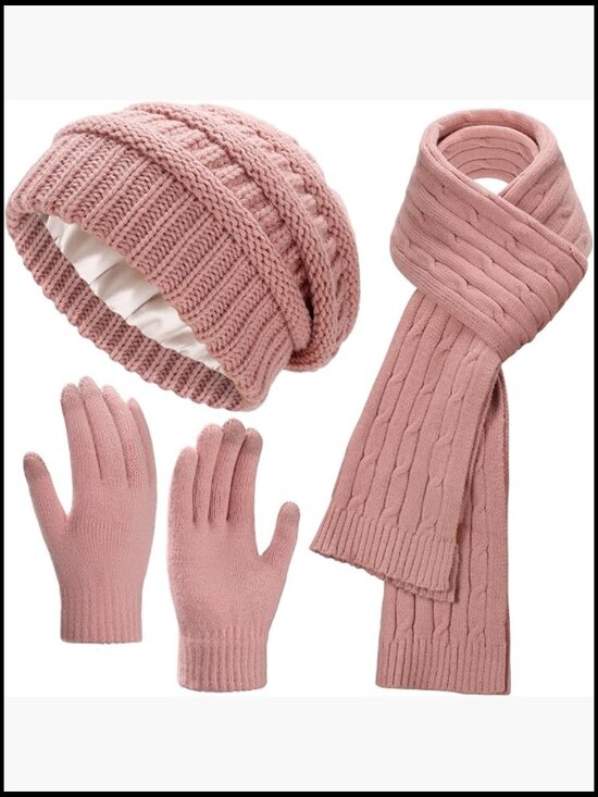 Satin Lined Slouchy Beanie Knit Scarf Touchscreen Gloves Winter 3 Pc Set main image 5